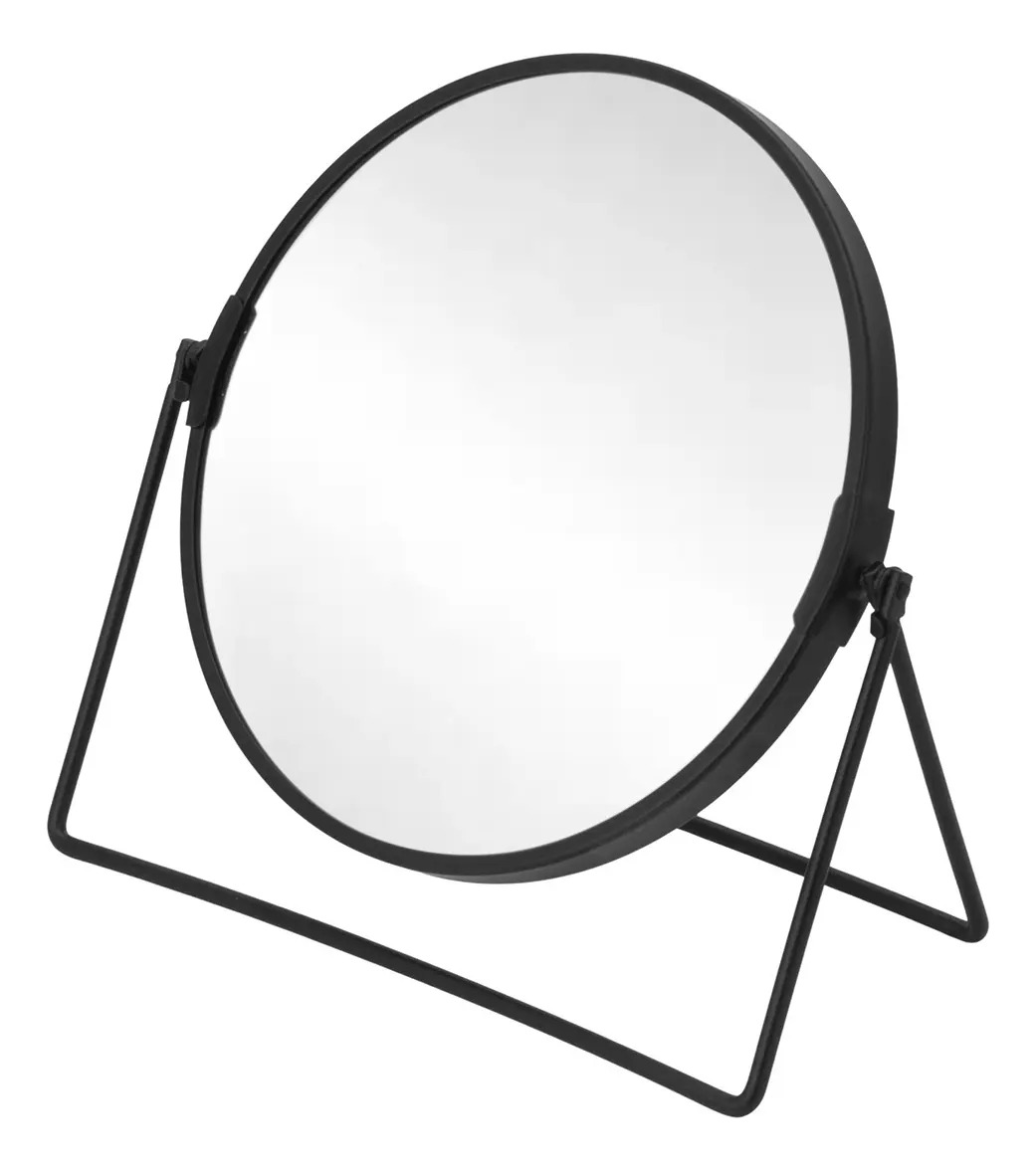 ESPELHO DE MESA DUPLA FACE REDONDO EM METAL PRETO 19 CM