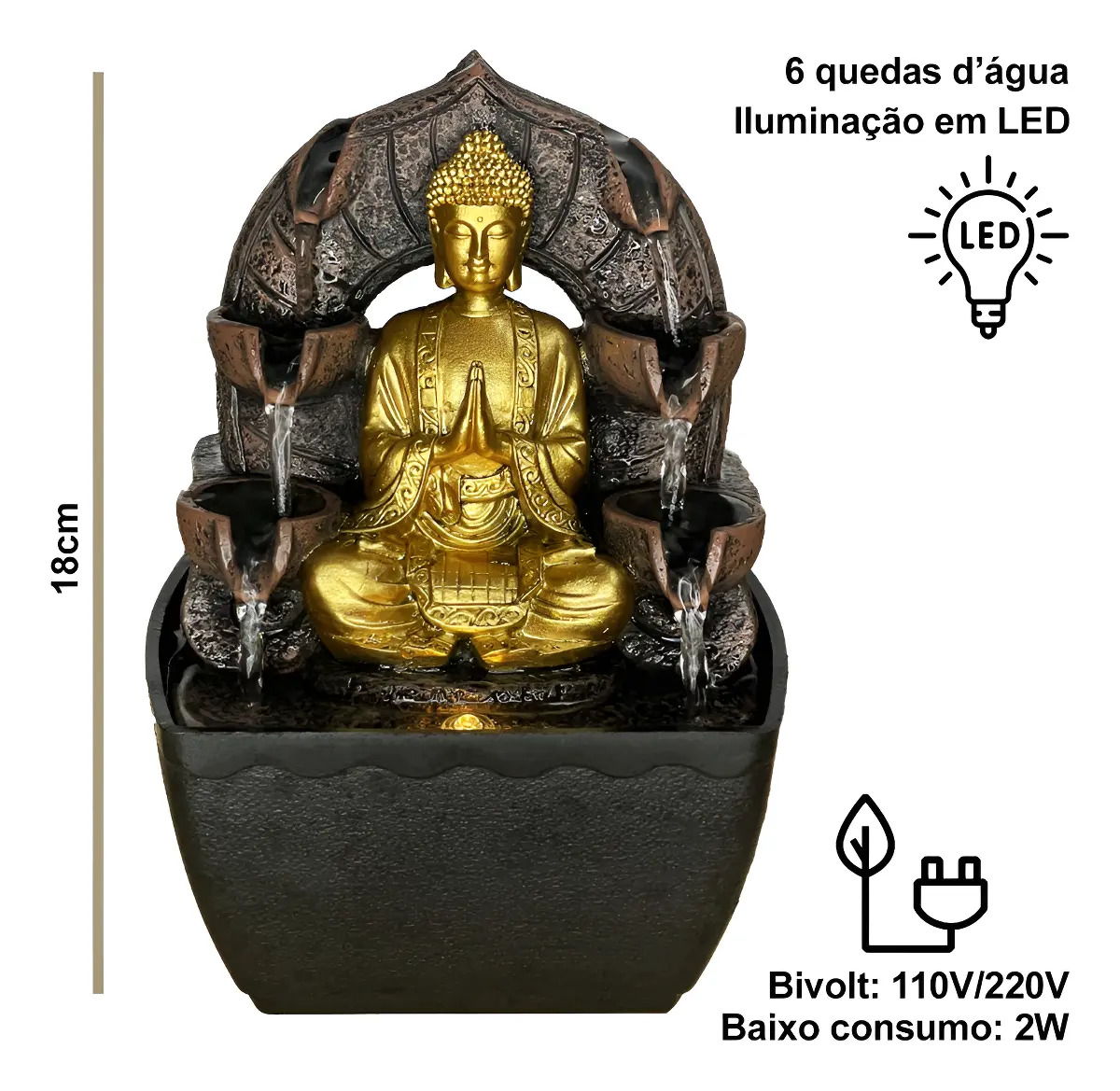 Fonte de Agua Decorativa Buda LED Bivolt 6 Quedas